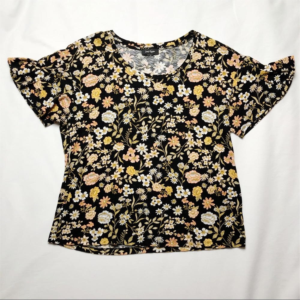 Lord & Taylor Black Floral Flutter Sleeve Cotton Knit T-shirt Top Blouse